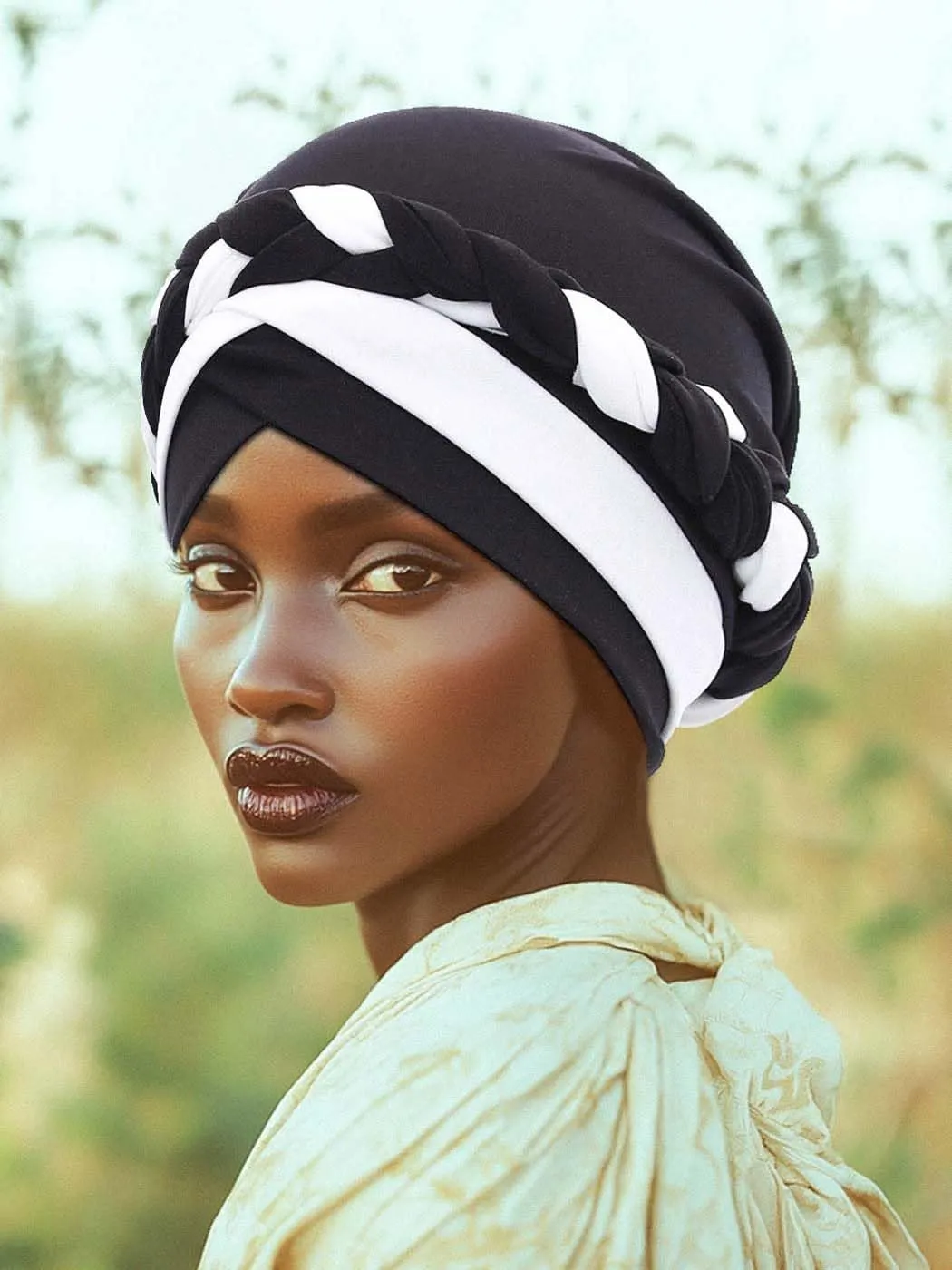 Woeoe Women African Turban India's Hat Black Stretch Braid Head Wrap