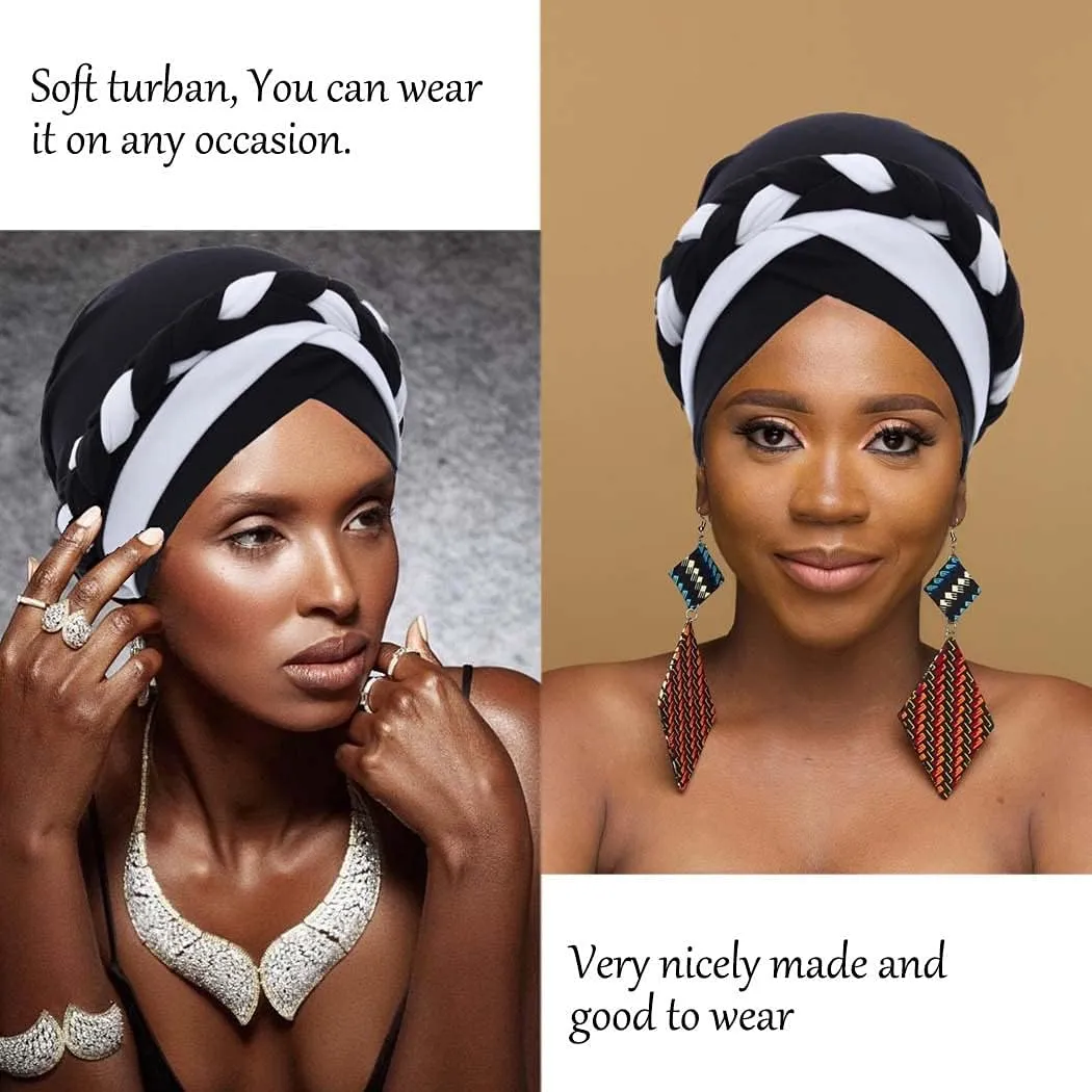 Woeoe Women African Turban India's Hat Black Stretch Braid Head Wrap