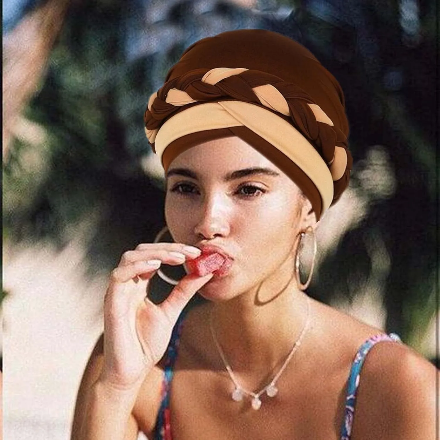 Woeoe Women African Turban India's Hat Black Stretch Braid Head Wrap
