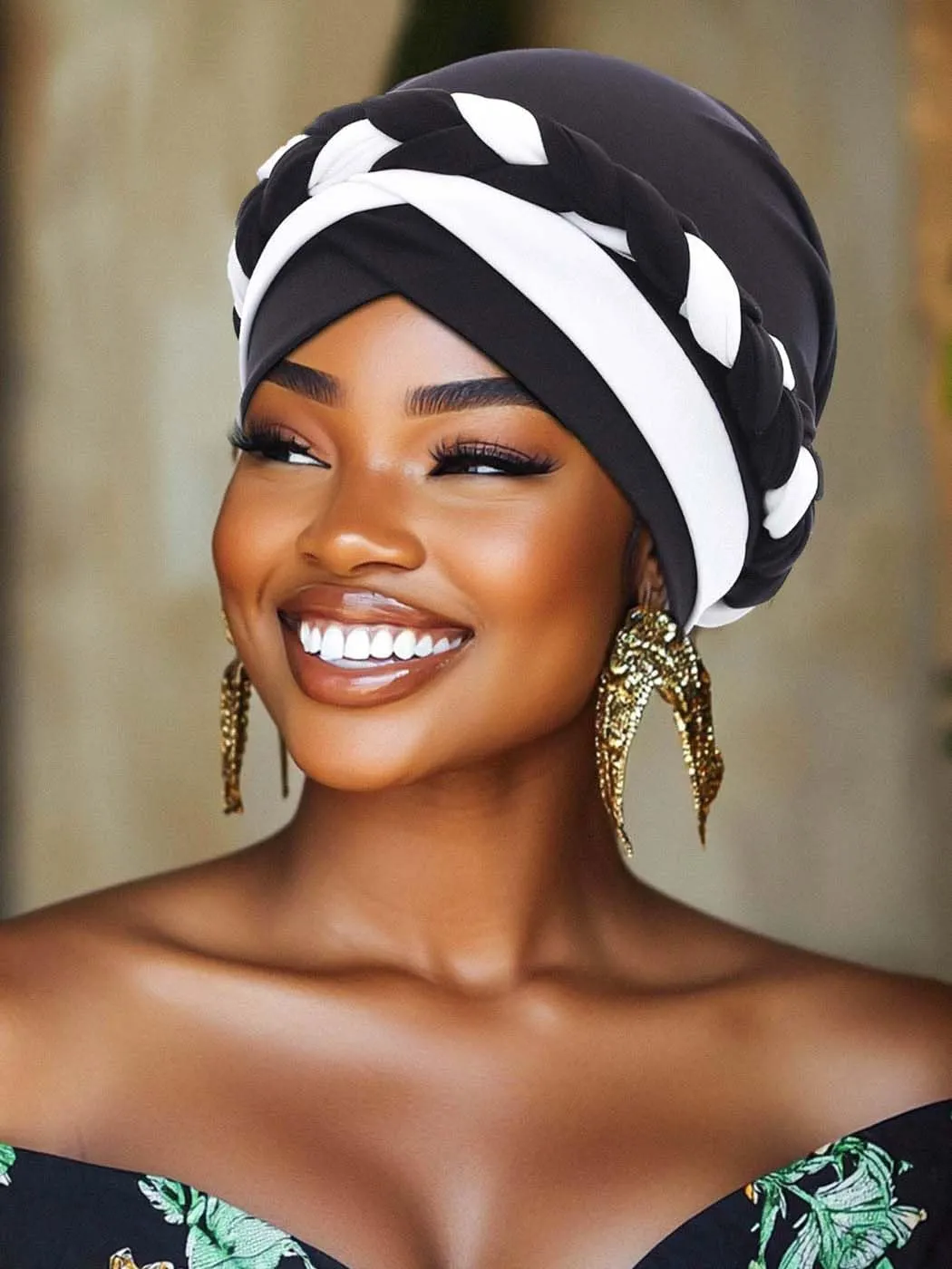 Woeoe Women African Turban India's Hat Black Stretch Braid Head Wrap