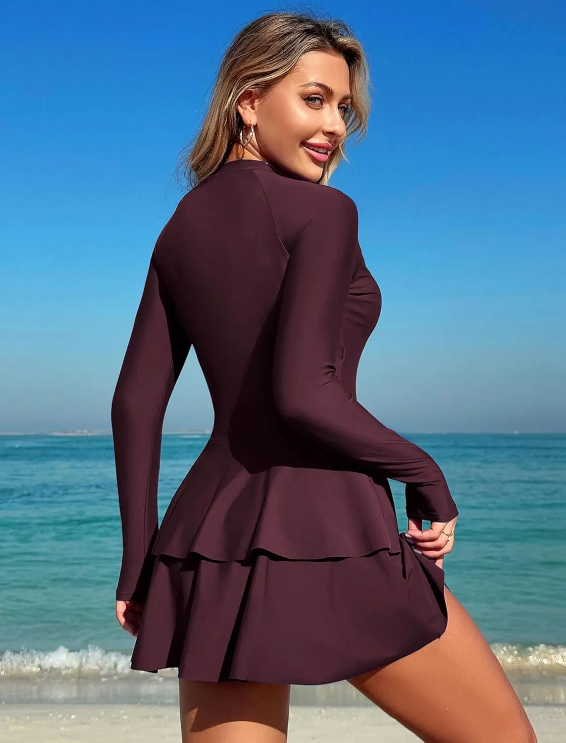 ZAFUL Women's One Piece Rash Guard Long Sleeve Modest Swimsuits Dress Zipper Bathing Suit Swimskirt
