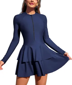 ZAFUL Women's One Piece Rash Guard Long Sleeve Modest Swimsuits Dress Zipper Bathing Suit Swimskirt