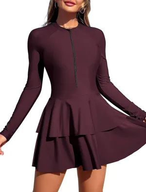 ZAFUL Women's One Piece Rash Guard Long Sleeve Modest Swimsuits Dress Zipper Bathing Suit Swimskirt